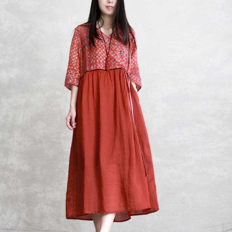 DIY brown print linen clothes For Women v neck patchwork wrinkled Maxi summer Dress - Omychic