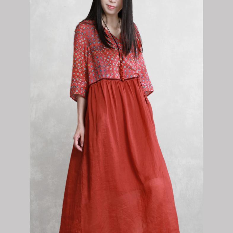 DIY brown print linen clothes For Women v neck patchwork wrinkled Maxi summer Dress - Omychic