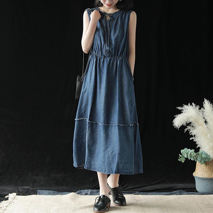 DIY cotton clothes Women Organic Casual Blue Denim Summer Sleeveless Midi Dress - Omychic