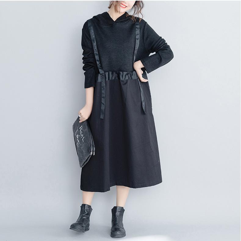 DIY cotton dress top quality false two pieces hooded Runway black cotton robes Dress - Omychic