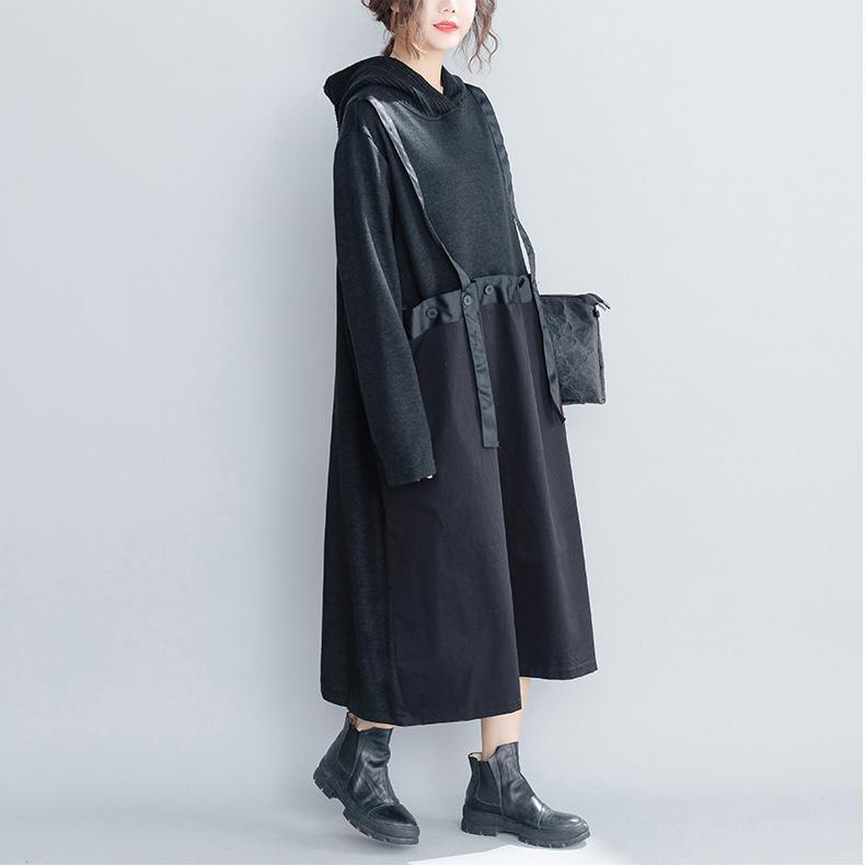 DIY cotton dress top quality false two pieces hooded Runway black cotton robes Dress - Omychic