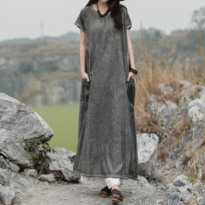 DIY cotton gray quilting dresses  Vintage Solid Color Casual Cotton Dress - Omychic