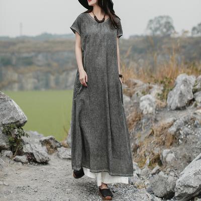 DIY cotton gray quilting dresses  Vintage Solid Color Casual Cotton Dress - Omychic