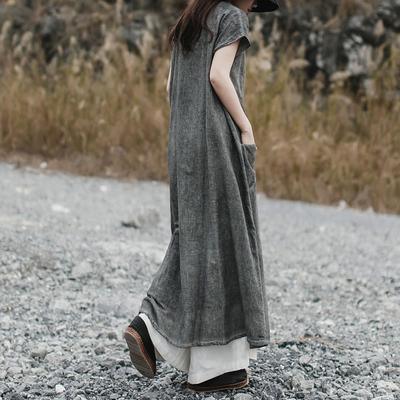 DIY cotton gray quilting dresses  Vintage Solid Color Casual Cotton Dress - Omychic