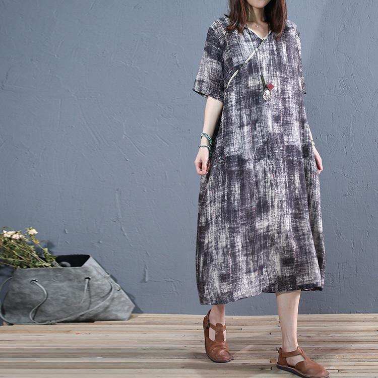 DIY dark gray linen clothes v neck short sleeve long summer Dress - Omychic