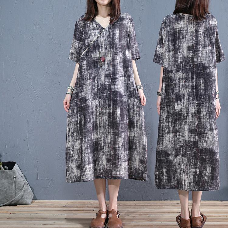 DIY dark gray linen clothes v neck short sleeve long summer Dress - Omychic