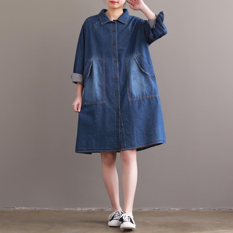 DIY denim blue Cotton tunic top Metropolitan Museum Sleeve lapel Large pockets Vestidos De Lino Dresses - Omychic