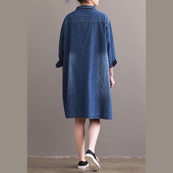 DIY denim blue Cotton tunic top Metropolitan Museum Sleeve lapel Large pockets Vestidos De Lino Dresses - Omychic