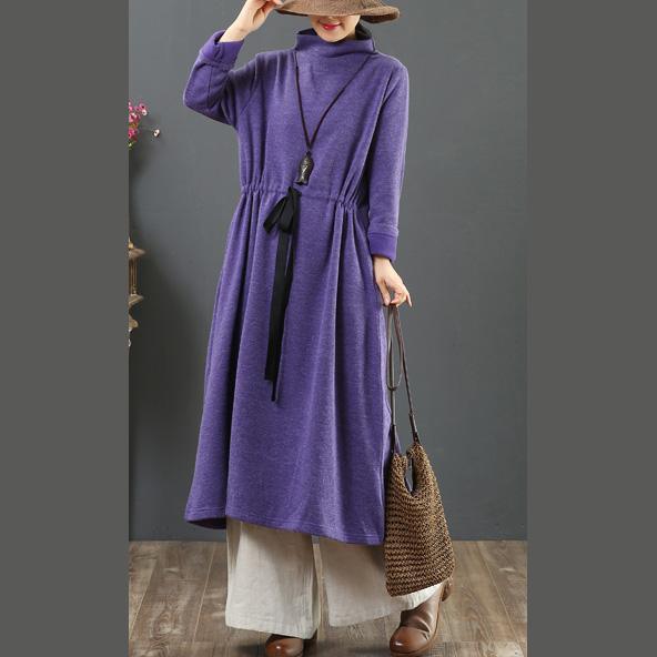 DIY drawstring cotton high neck dresses linen purple Maxi Dresses - Omychic