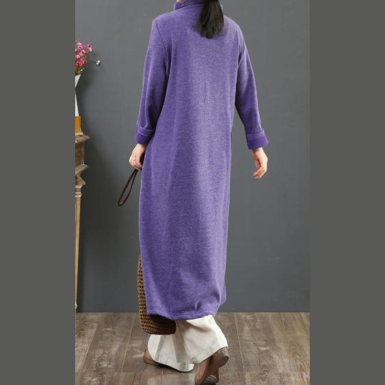 DIY drawstring cotton high neck dresses linen purple Maxi Dresses - Omychic