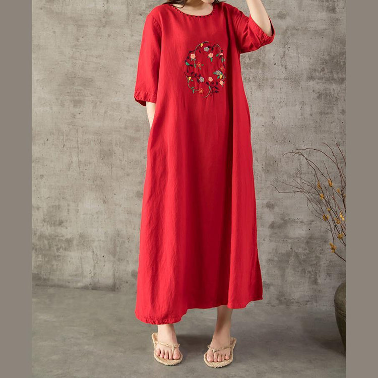 DIY embroidery cotton dresses Sleeve red Dress summer - Omychic