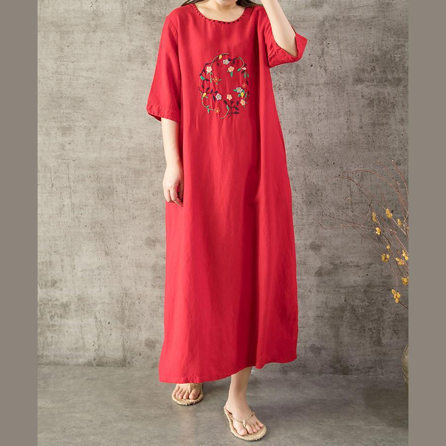 DIY embroidery cotton dresses Sleeve red Dress summer - Omychic
