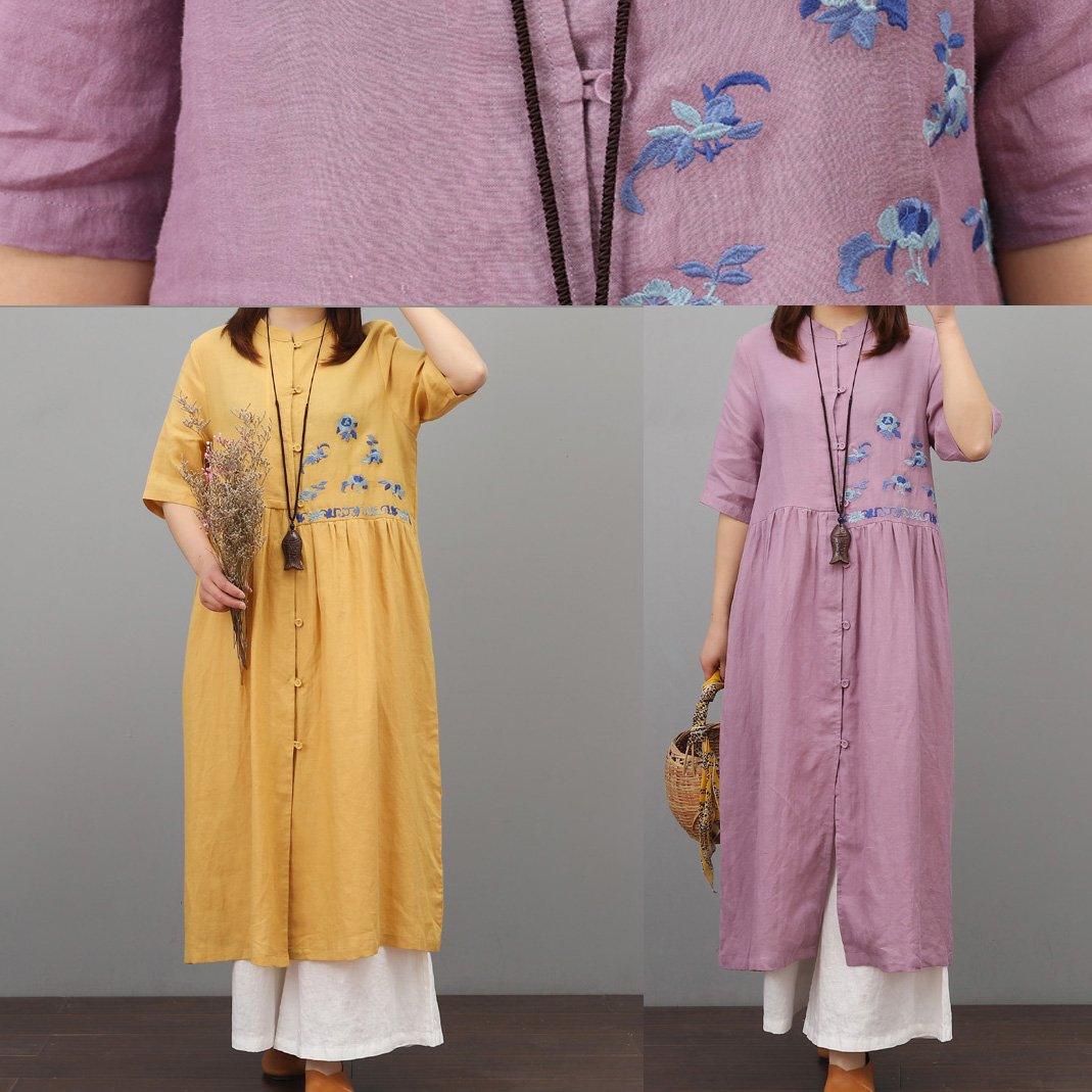 Classy embroidery side open linen Robes Tutorials pink Dress summer - Omychic