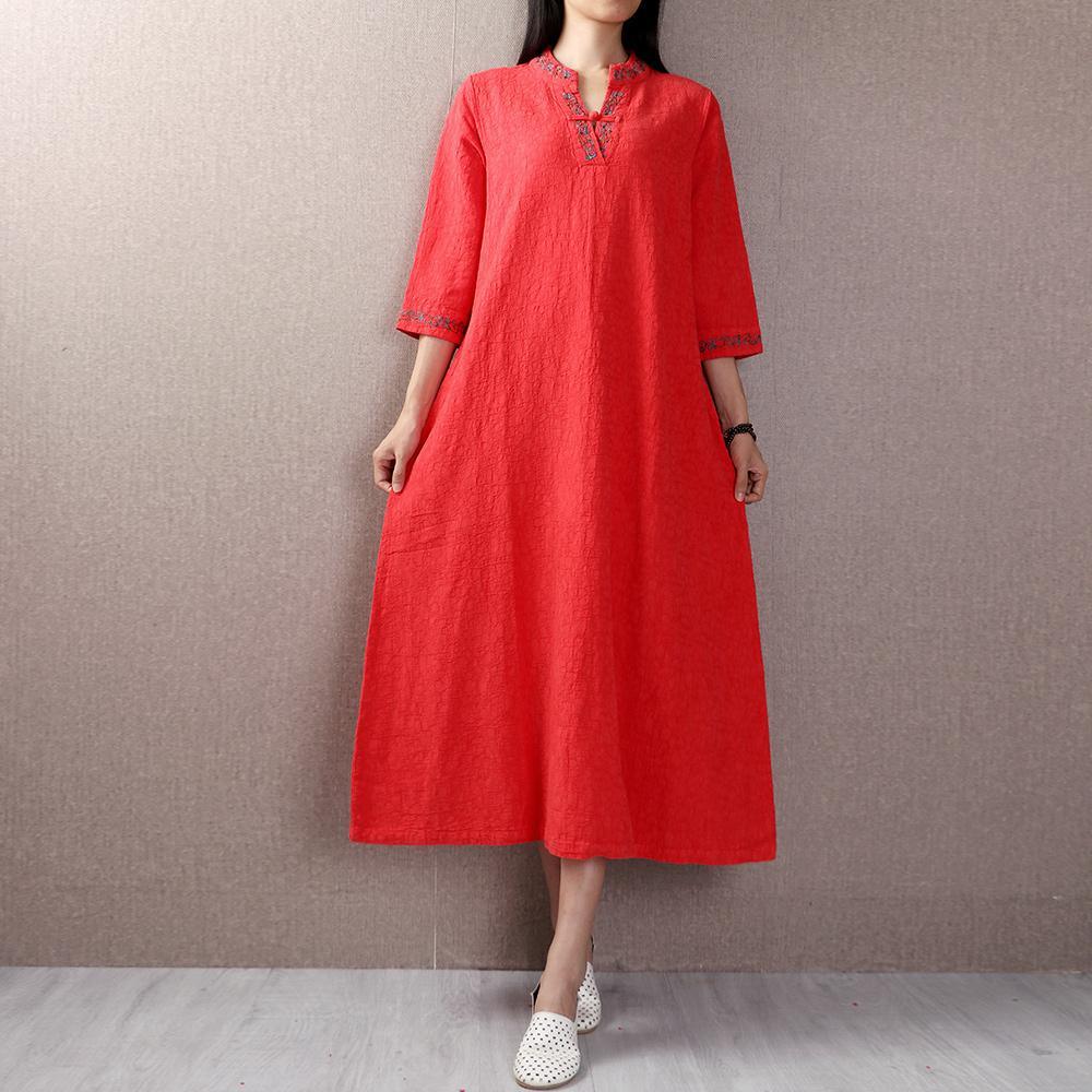 DIY embroidery linen clothes For Women Tutorials red Dresses fall - Omychic