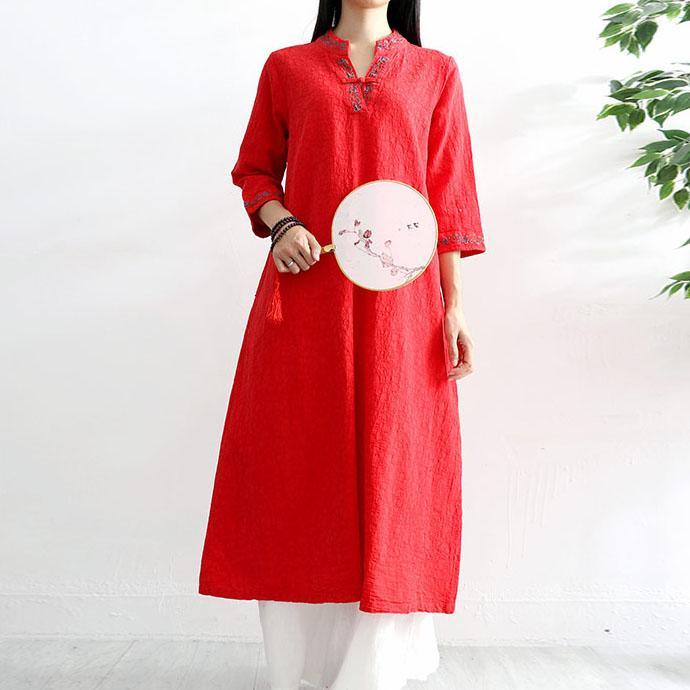 DIY embroidery linen clothes For Women Tutorials red Dresses fall - Omychic