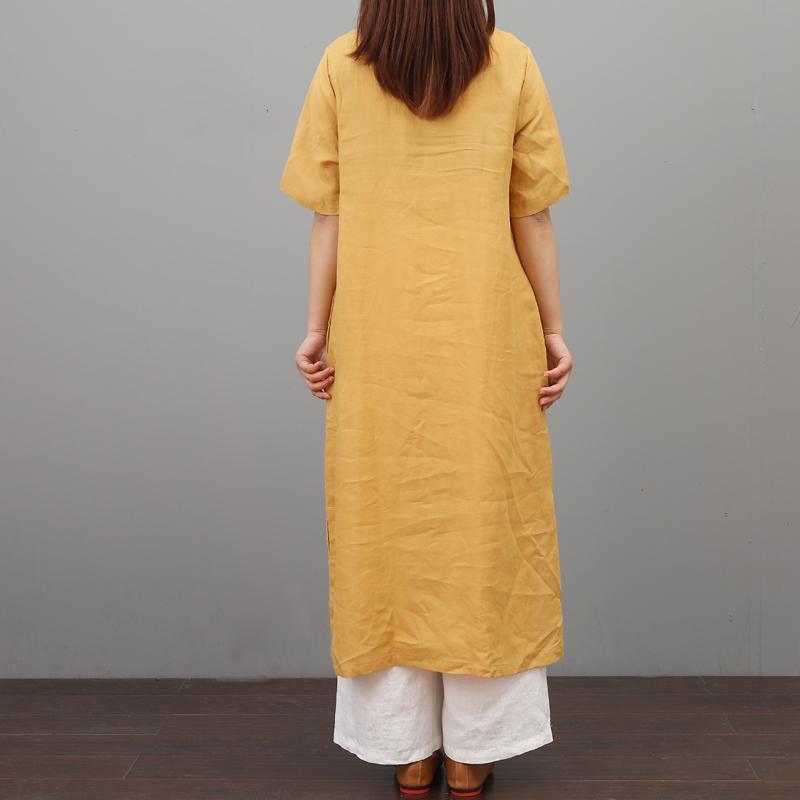 DIY embroidery short sleeve linen Robes Fashion Ideas yellow Dresses summer - Omychic