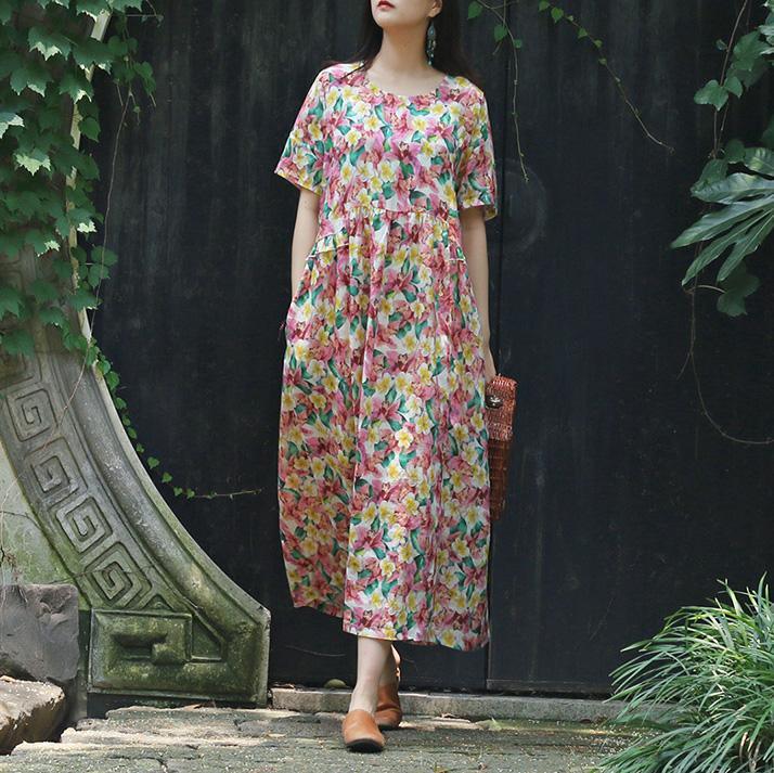 DIY floral cotton dresses boutique Fabrics o neck pockets Plus Size Clothing Summer Dresses - Omychic