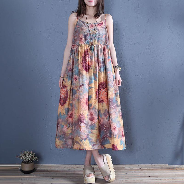 DIY floral cotton linen Spaghetti Strap daily summer Dress - Omychic