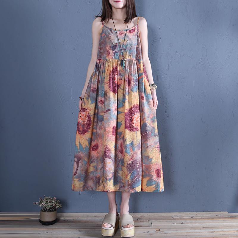 DIY floral cotton linen Spaghetti Strap daily summer Dress - Omychic