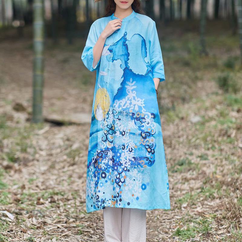 DIY front open linen clothes Tunic Tops light blue prints short sleeve Dresses summer - Omychic
