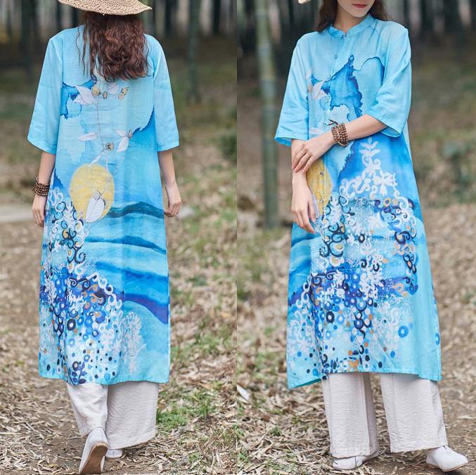 DIY front open linen clothes Tunic Tops light blue prints short sleeve Dresses summer - Omychic