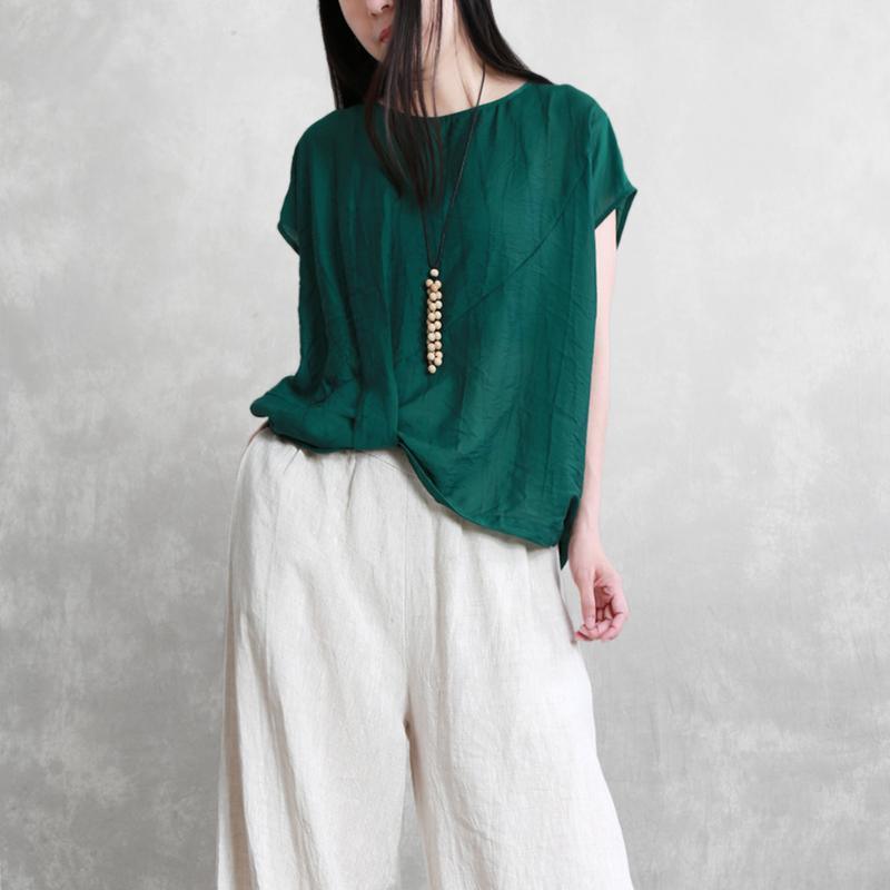 DIY green linen Long Shirts o neck wrinkled summer shirt - Omychic