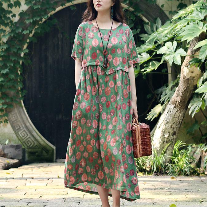 Diy Green Print Linen Chiffon Clothes For Women Organic Shape O Neck Asymmetric Loose Summer Dress - Omychic