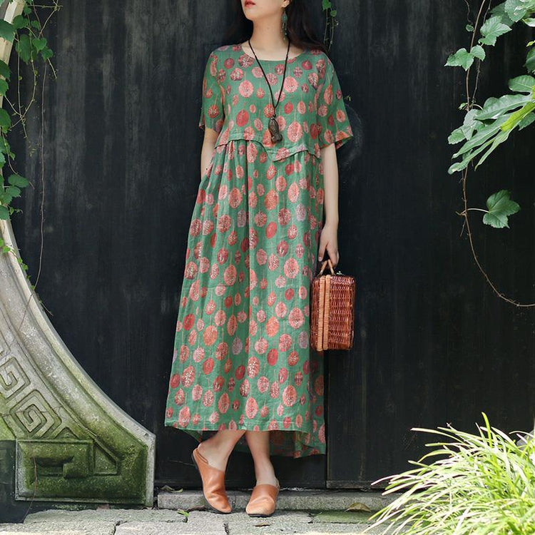 Diy Green Print Linen Chiffon Clothes For Women Organic Shape O Neck Asymmetric Loose Summer Dress - Omychic