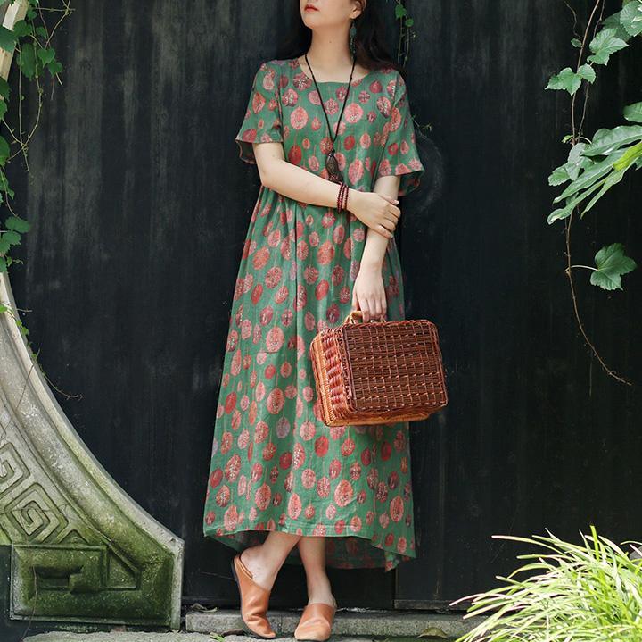 Diy Green Print Linen Chiffon Clothes For Women Organic Shape O Neck Asymmetric Loose Summer Dress - Omychic