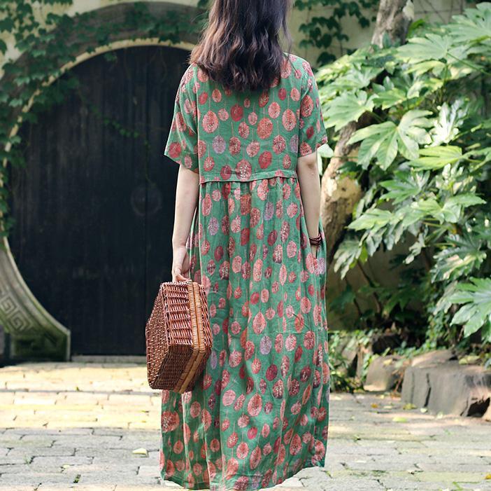 Diy Green Print Linen Chiffon Clothes For Women Organic Shape O Neck Asymmetric Loose Summer Dress - Omychic