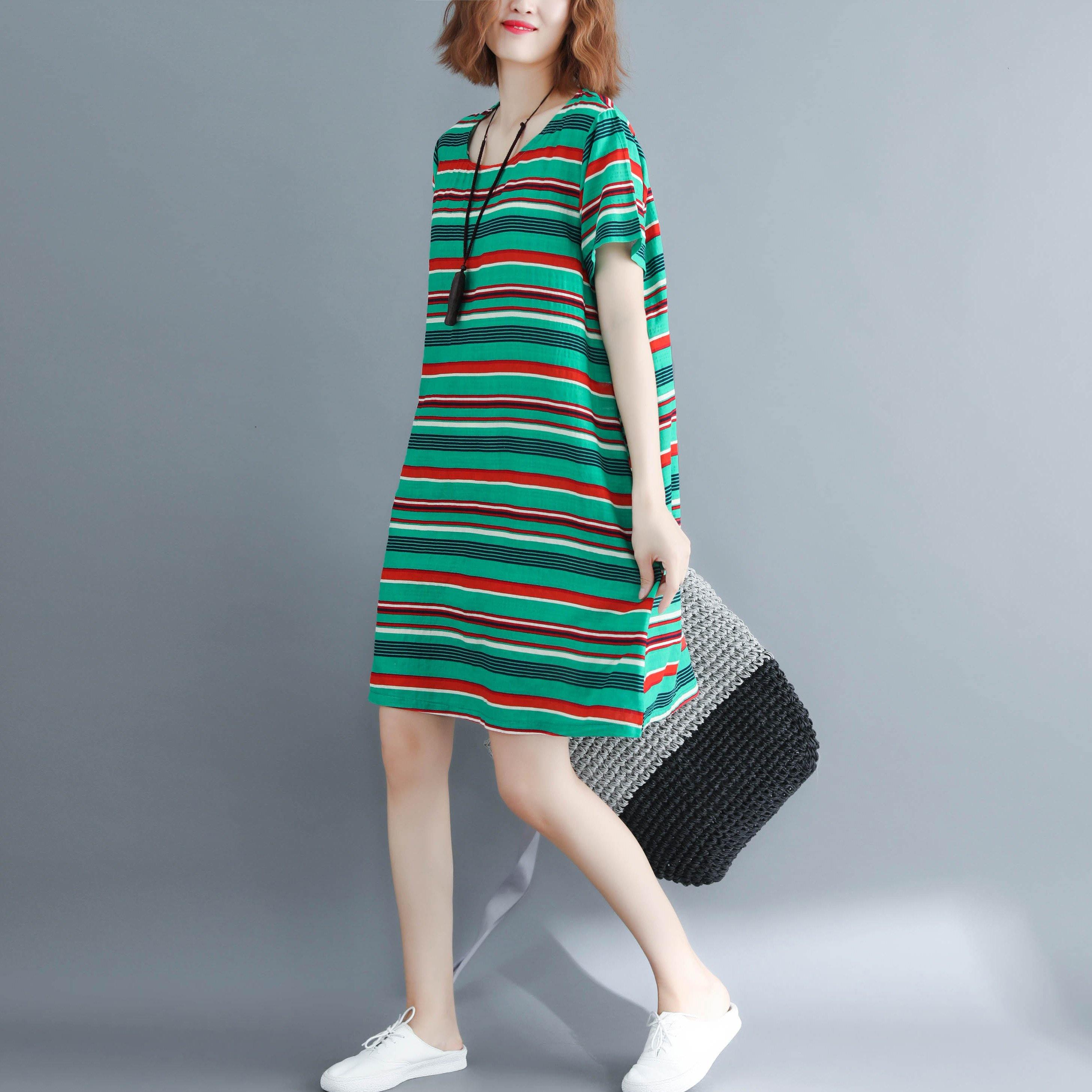 DIY green striped linen dress plus size Fabrics o neck Vestidos De Lino summer Dress - Omychic