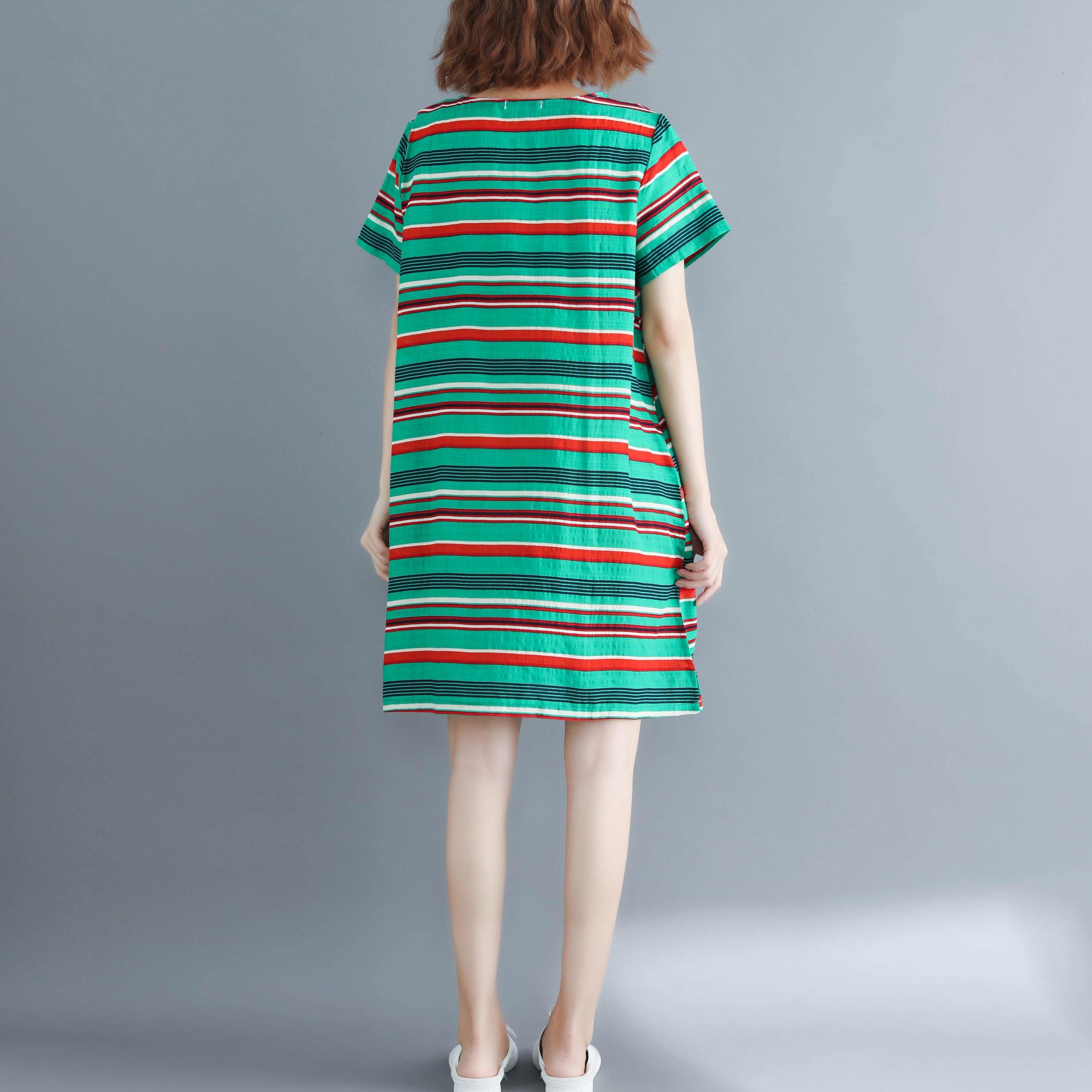 DIY green striped linen dress plus size Fabrics o neck Vestidos De Lino summer Dress - Omychic