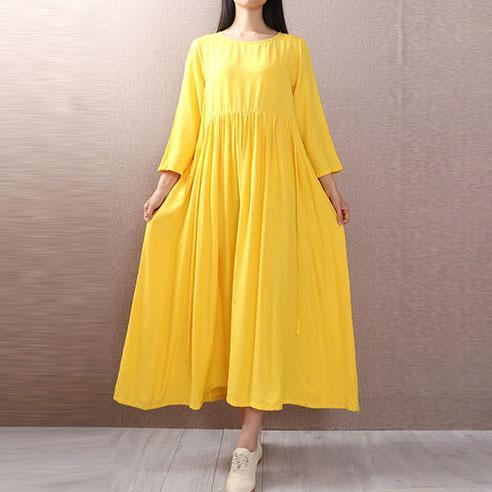 DIY high waist cotton dresses pattern yellow o neck long Dresses autumn - Omychic