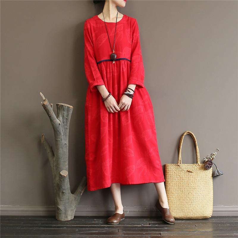 DIY jacquard linen high neck clothes For Women Work Outfits red Dress - Omychic