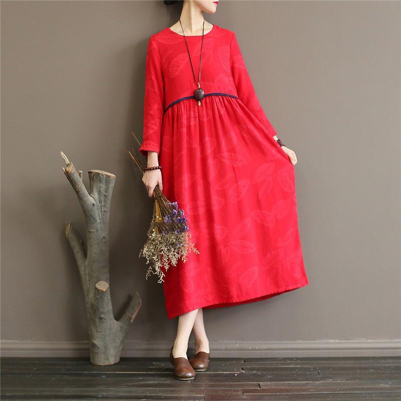 DIY jacquard linen high neck clothes For Women Work Outfits red Dress - Omychic
