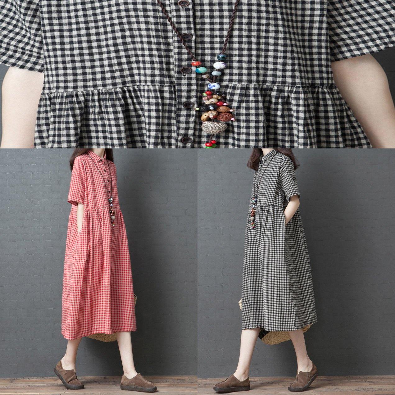 DIY lapel Button Down linen Robes pattern black grid Dress summer - Omychic