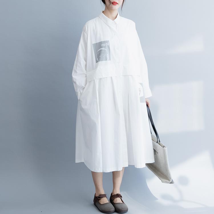 DIY lapel pockets cotton dress 2019 Work white loose Dresses spring - Omychic
