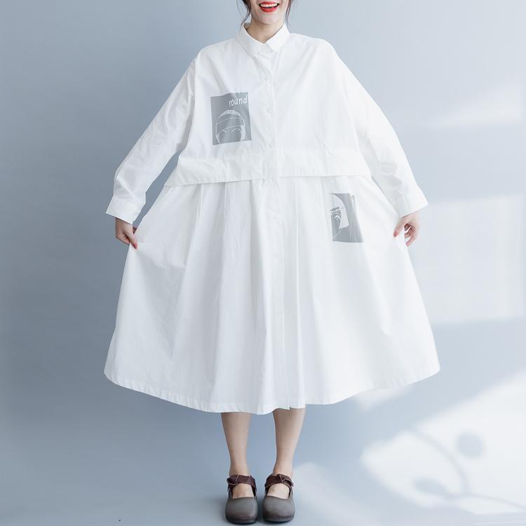 DIY lapel pockets cotton dress 2019 Work white loose Dresses spring - Omychic