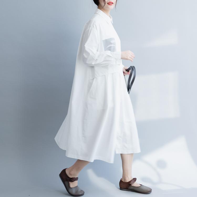 DIY lapel pockets cotton dress 2019 Work white loose Dresses spring - Omychic