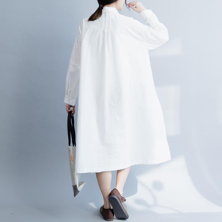 DIY lapel pockets cotton dress 2019 Work white loose Dresses spring - Omychic