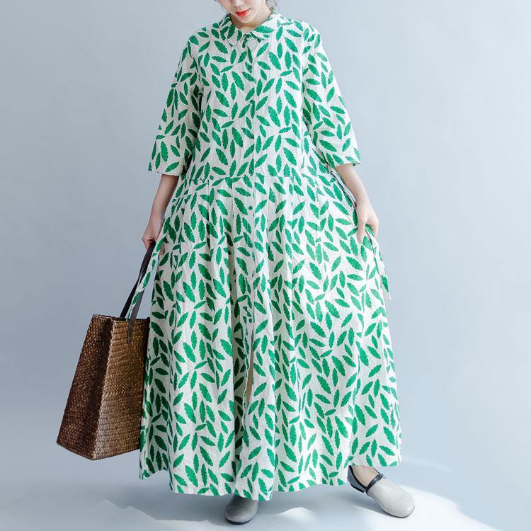 DIY lapel tie waist linen clothes For Women Inspiration green print Dress summer - Omychic