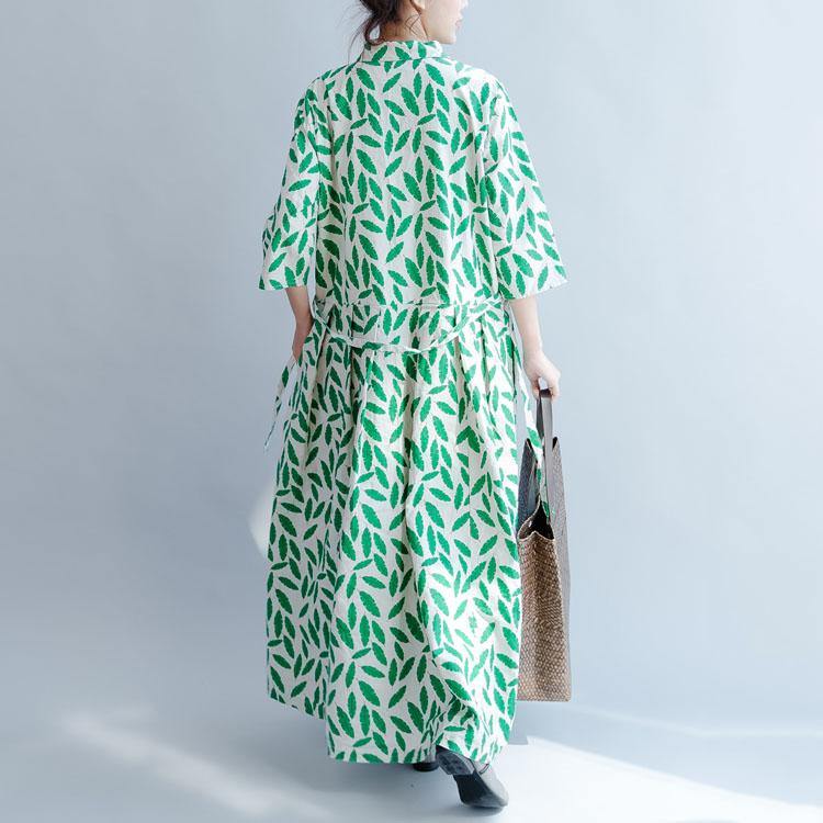 DIY lapel tie waist linen clothes For Women Inspiration green print Dress summer - Omychic