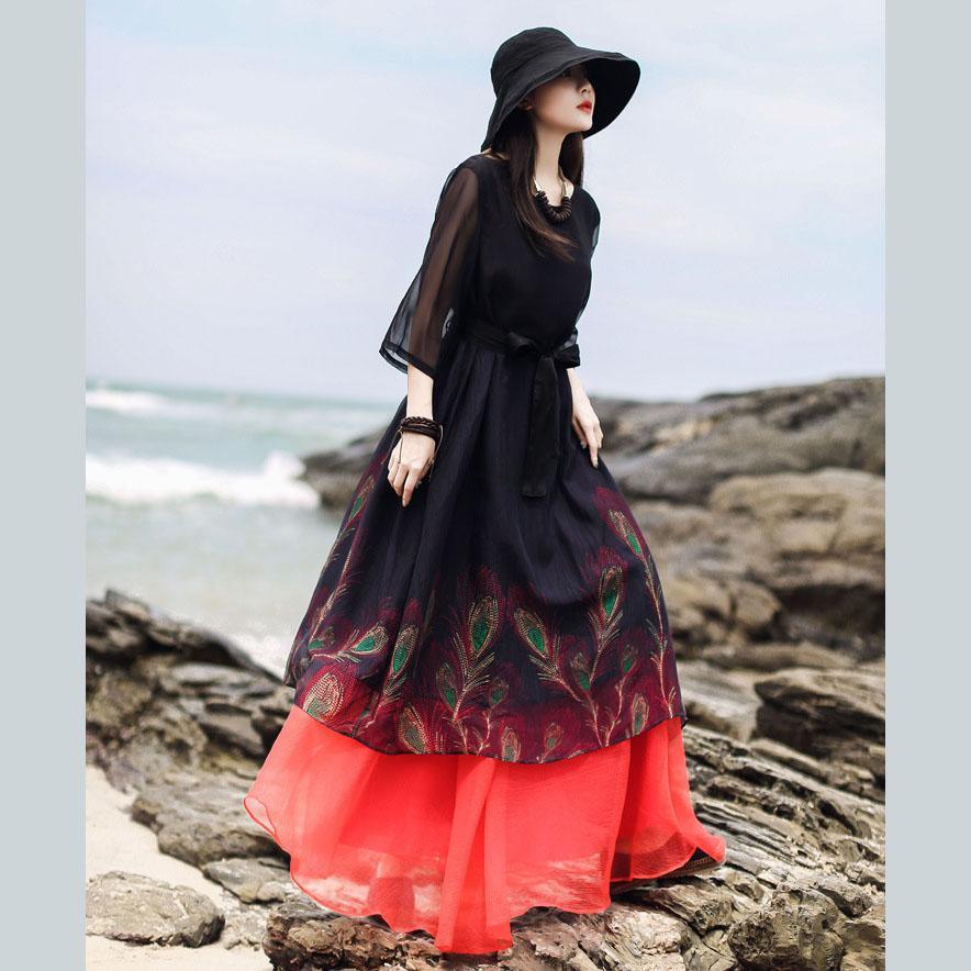 DIY layered o neck half sleeve chiffon clothes Fashion Wardrobes black print Dresses Summer - Omychic
