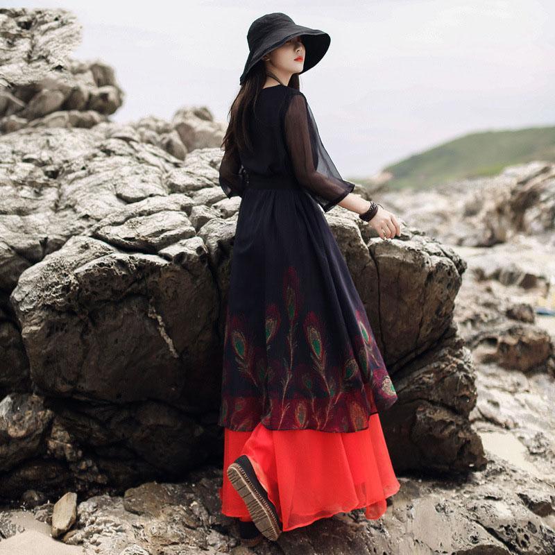 DIY layered o neck half sleeve chiffon clothes Fashion Wardrobes black print Dresses Summer - Omychic