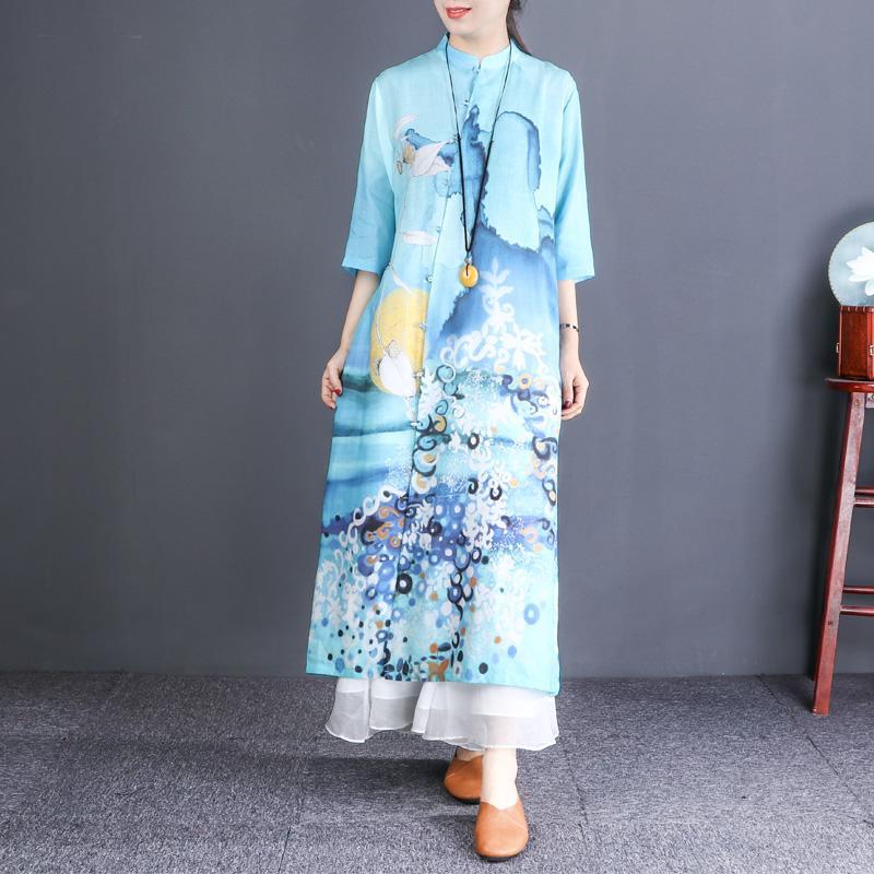 DIY light blue print linen Robes Korea stand collar Button Down Robe Dresses - Omychic