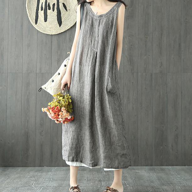 DIY light gray linen dresses o neck sleeveless linen robes summer Dress - Omychic