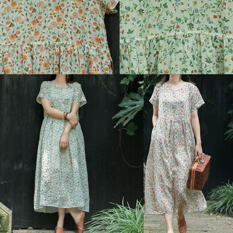 DIY light green print linen clothes top quality Online Shopping o neck pockets Maxi Summer Dress - Omychic