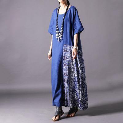 DIY linen Robes Fitted Retro Linen Spliced Short Sleeve Dress - Omychic