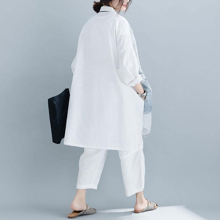 DIY linen clothes For Women Boho Turn-down Collar Sleeve gray print baggy shirts - Omychic