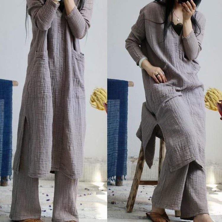 DIY linen clothes For Women plus size Women Literary Solid Split Spring Pullover Loose Dress - Omychic